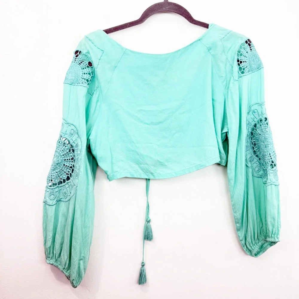Farm Rio Turquoise Crochet Detail Long Sleeve Crop Top Size P